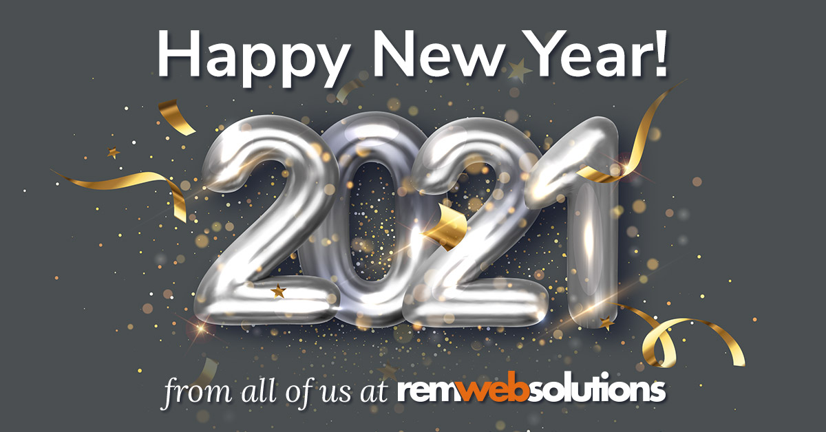 Graphic of confetti and balloon with 2021 shapes.